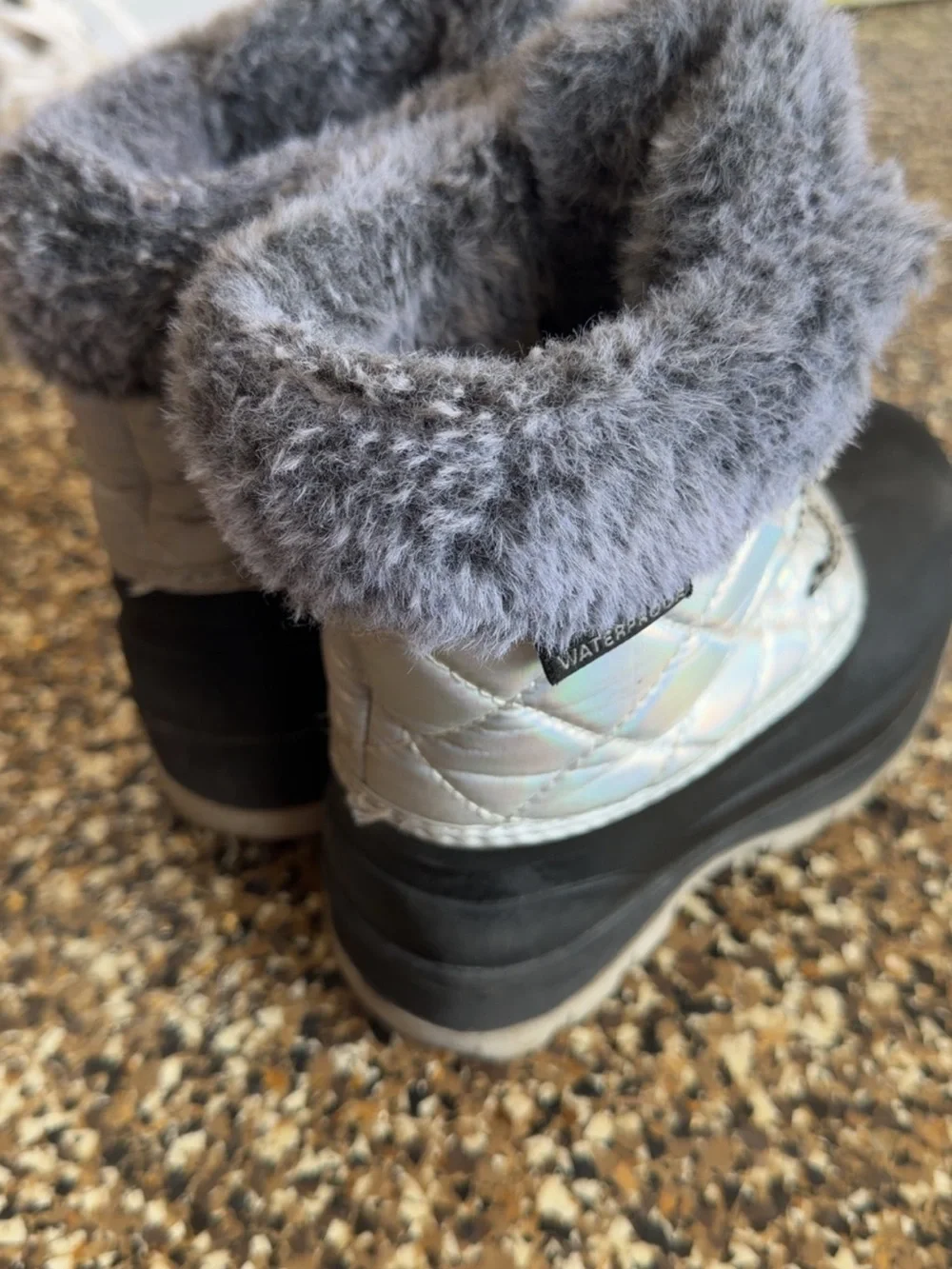 Iridescent Quilted Winter Boots with Gray Faux Fur